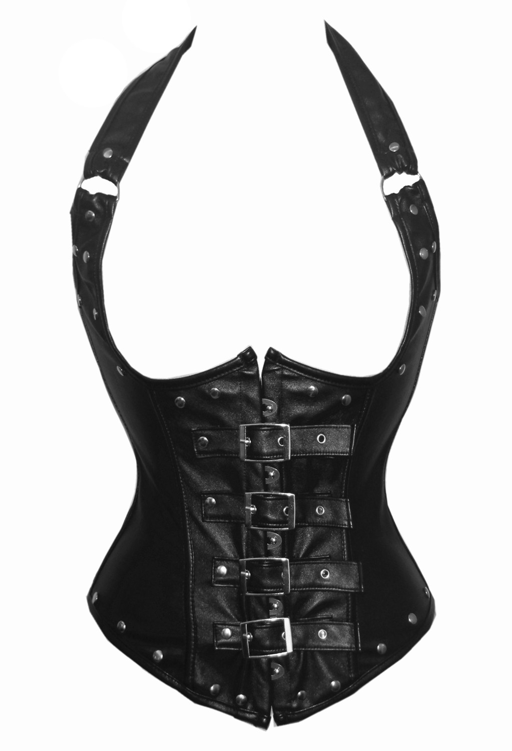 Elegant Buckle Faux Leather Corset Black With Metal Bones